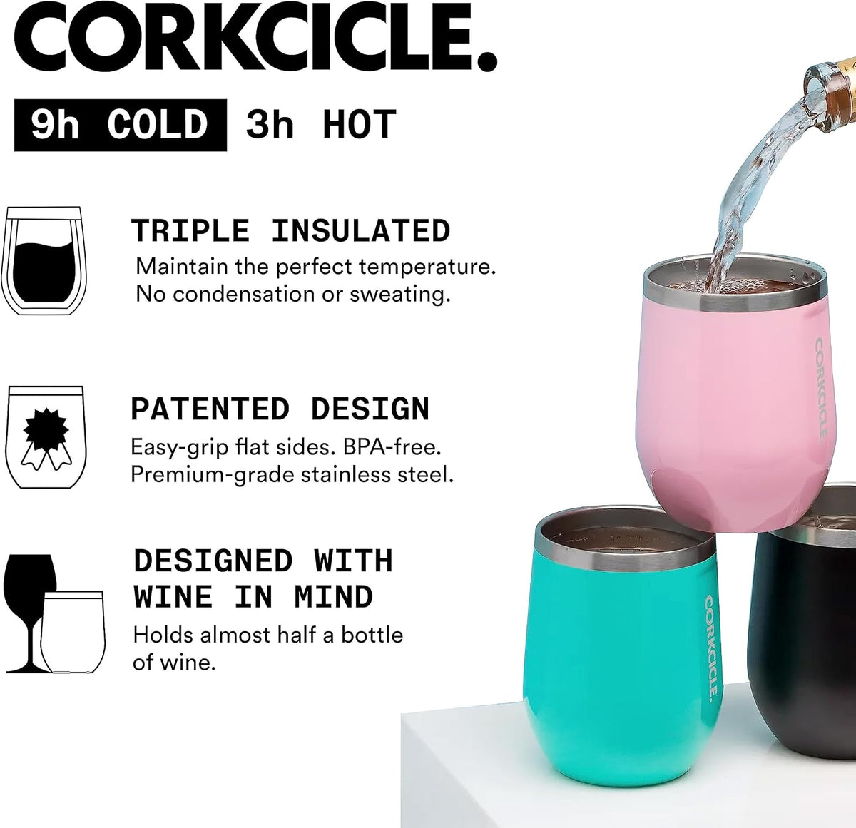 Corkcicle Stemless Wine Tumbler with Lid, 12oz, Gloss White
