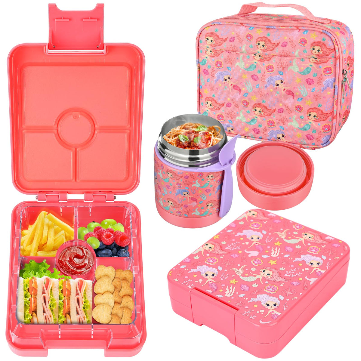 Bento Lunch Box Set for Kids with 10oz Soup Thermo, Leak-Proof Lunch Containers with 4 Compartment, Kids Thermo Hot Food Jar and Insulated Lunch Bag for Kid to School,BPA-Free(Black)