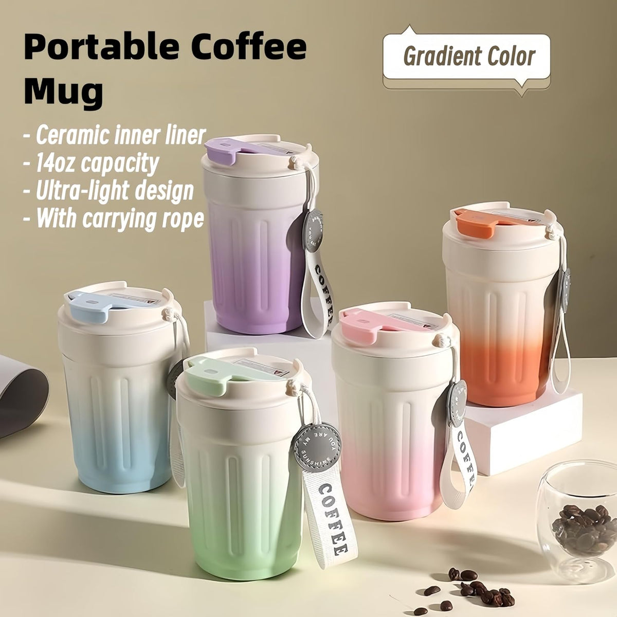 14oz Portable Vacuum Insulated Coffee Mug, Ceramic Lined Travel Cup