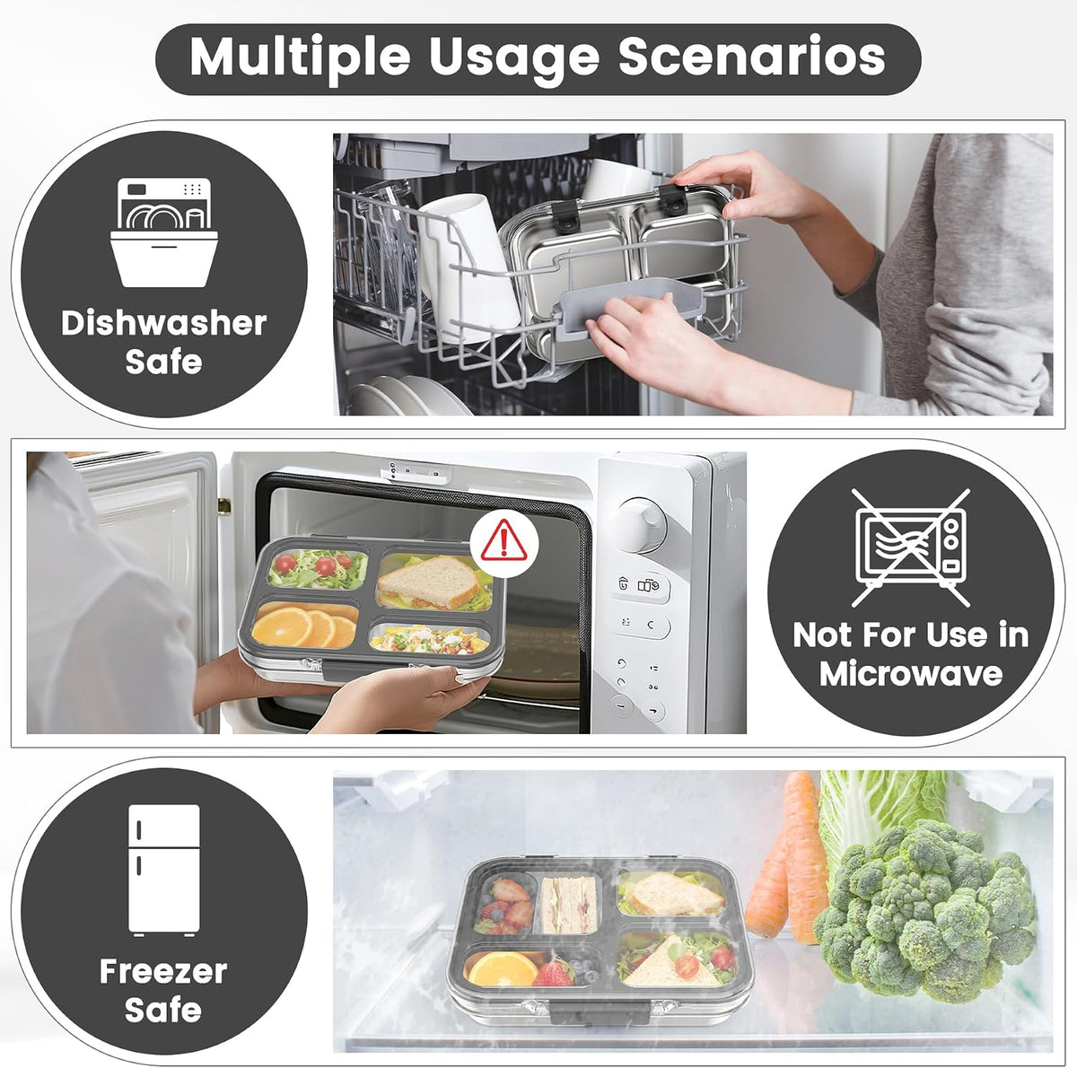 Stainless Steel Bento Box for Kids Adults with Silicone Container, Leak Proof 4 Compartments Metal Lunch Box, Removable Silicone Seal & Clear Lid Food Container for School Office, BPA-Free(Black)