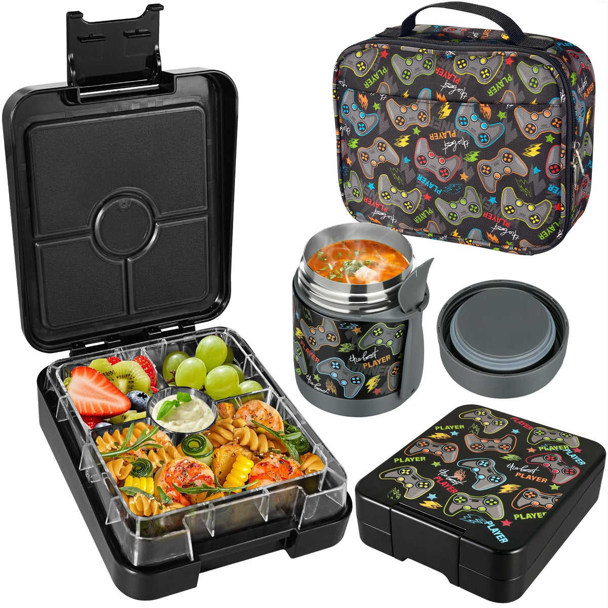 Pawtong Bento Lunch Box Set With 10oz Soup Thermo, Leak-proof Lunch Containers with 4 Compartment, Kids Hot Thermo Food Jar/Insulation Lunch Bag, Food Containers for School (Black)