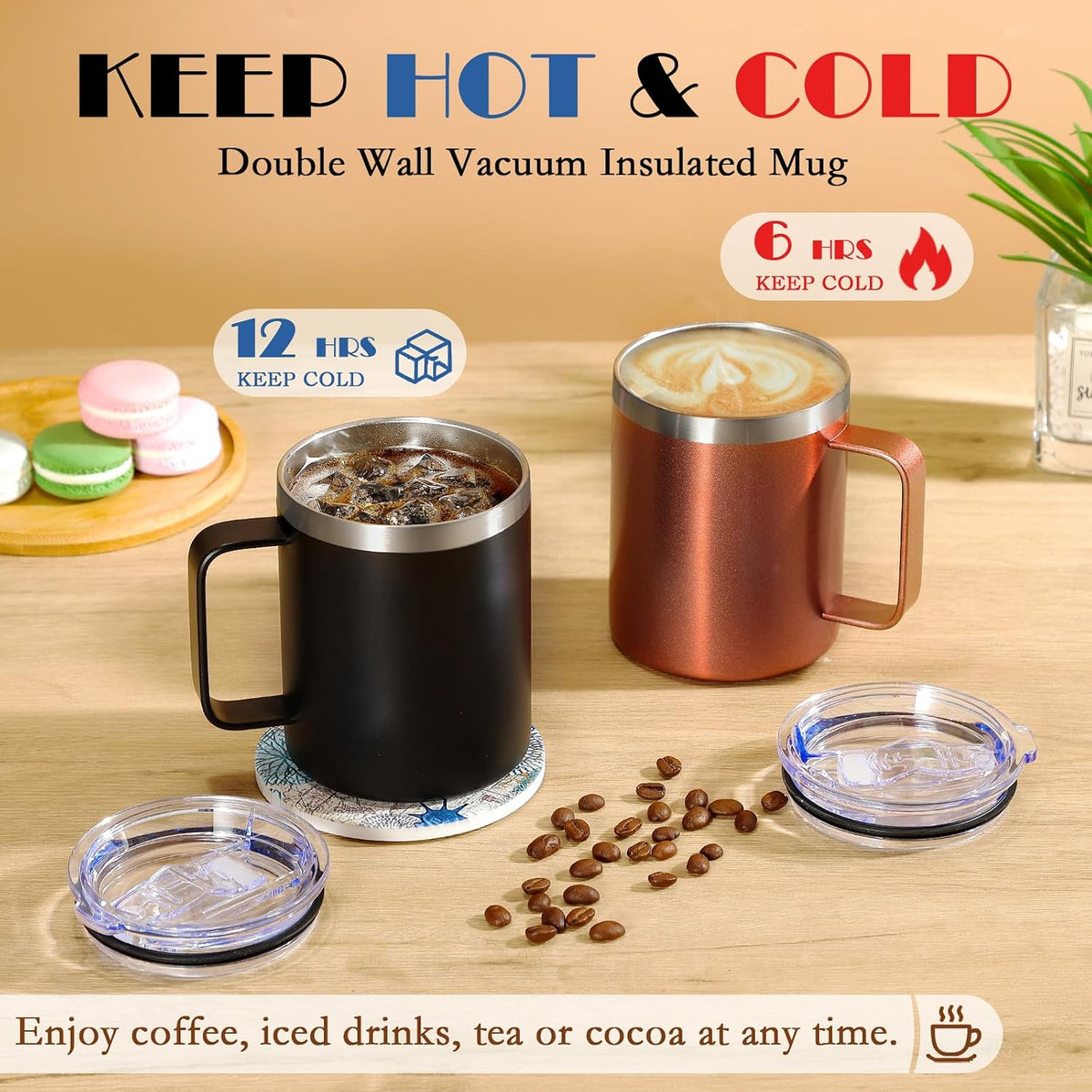 4 Pack 12oz Insulated Coffee Mug with Handle, 4 Colors