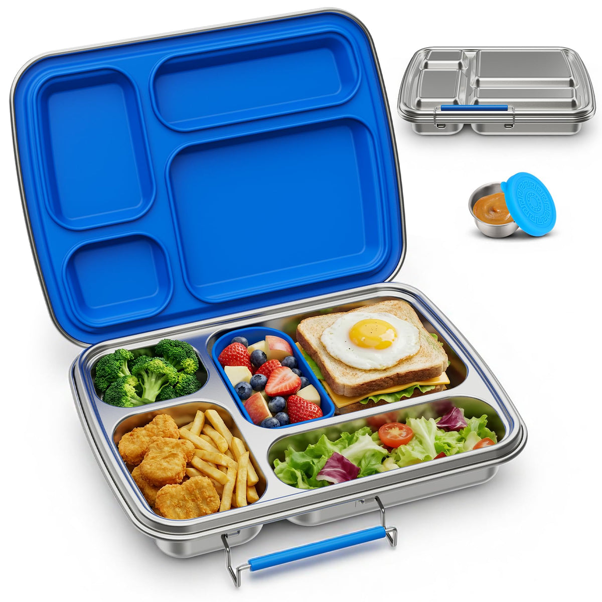 Stainless Steel Bento Lunch Box for Kids & Adults, 4 Compartment Kids Lunch Box, Metal Bento Box with Silicone Container and Stainless Steel Sauce Container,BPA-Free,School,Office(Pink)
