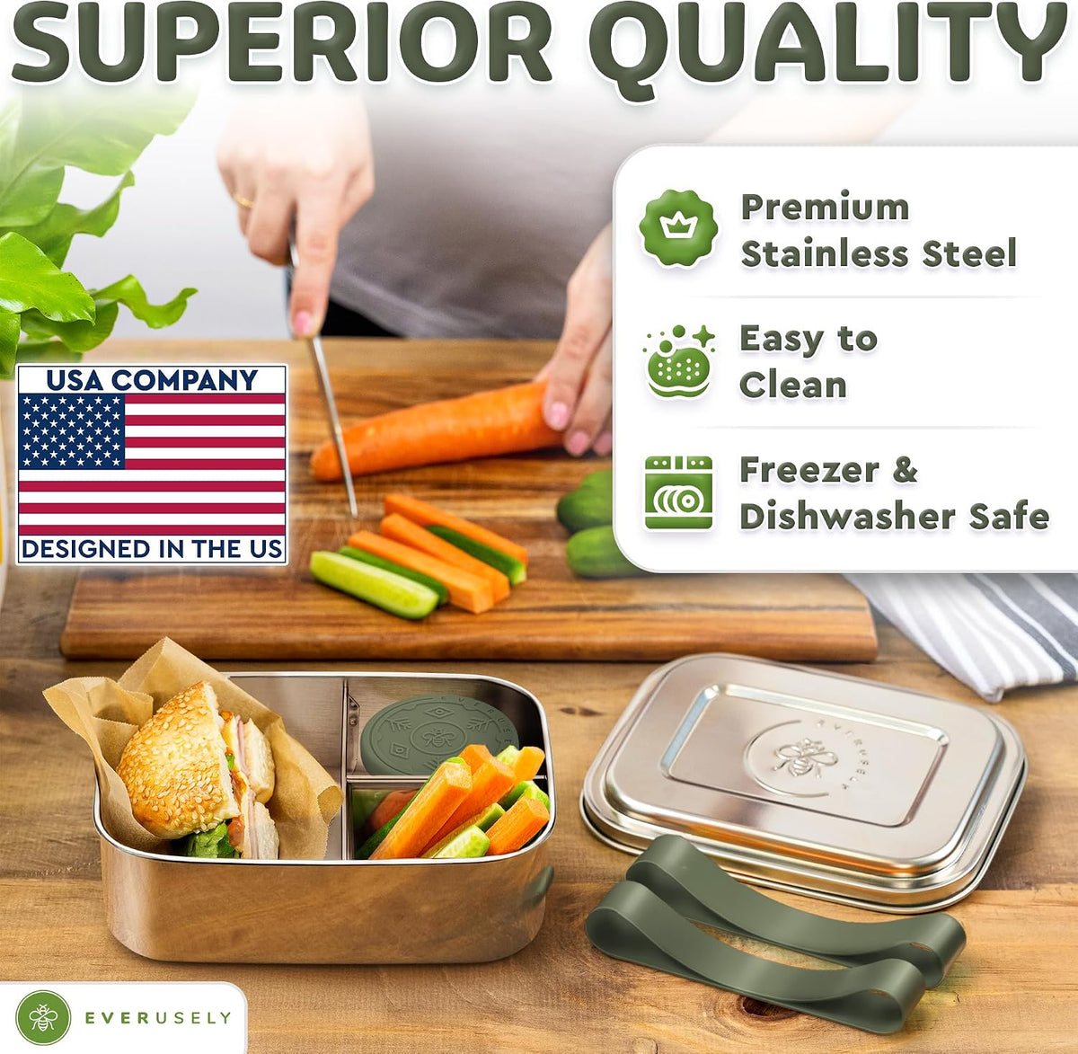 Stainless Steel Bento Box + Condiment Container - Sage, 60oz / 1.8 L