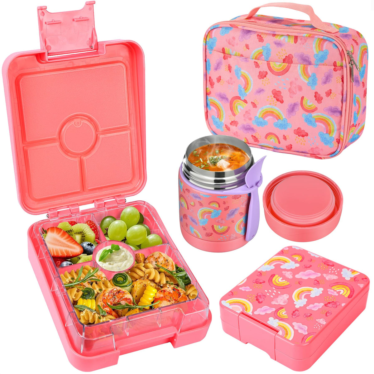 Pawtong Bento Lunch Box Set With 10oz Soup Thermo, Leak-proof Lunch Containers with 4 Compartment, Kids Hot Thermo Food Jar/Insulation Lunch Bag, Food Containers for School (Black)