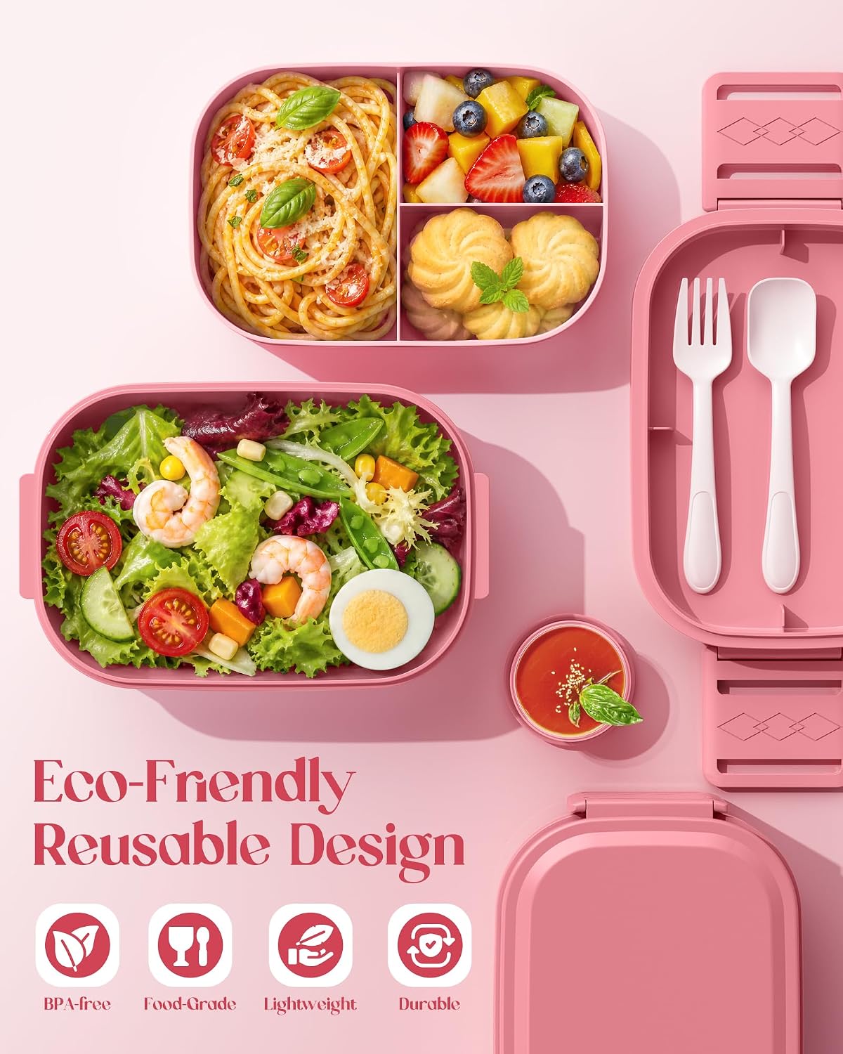Bento Lunch Box, 65 oz 3-Tier Stackable Lunch Container, Adjustable 2/3 Tier Design, BPA-Free Food-Grade Plastic, Leakproof, Microwave & Dishwasher Safe, Pink
