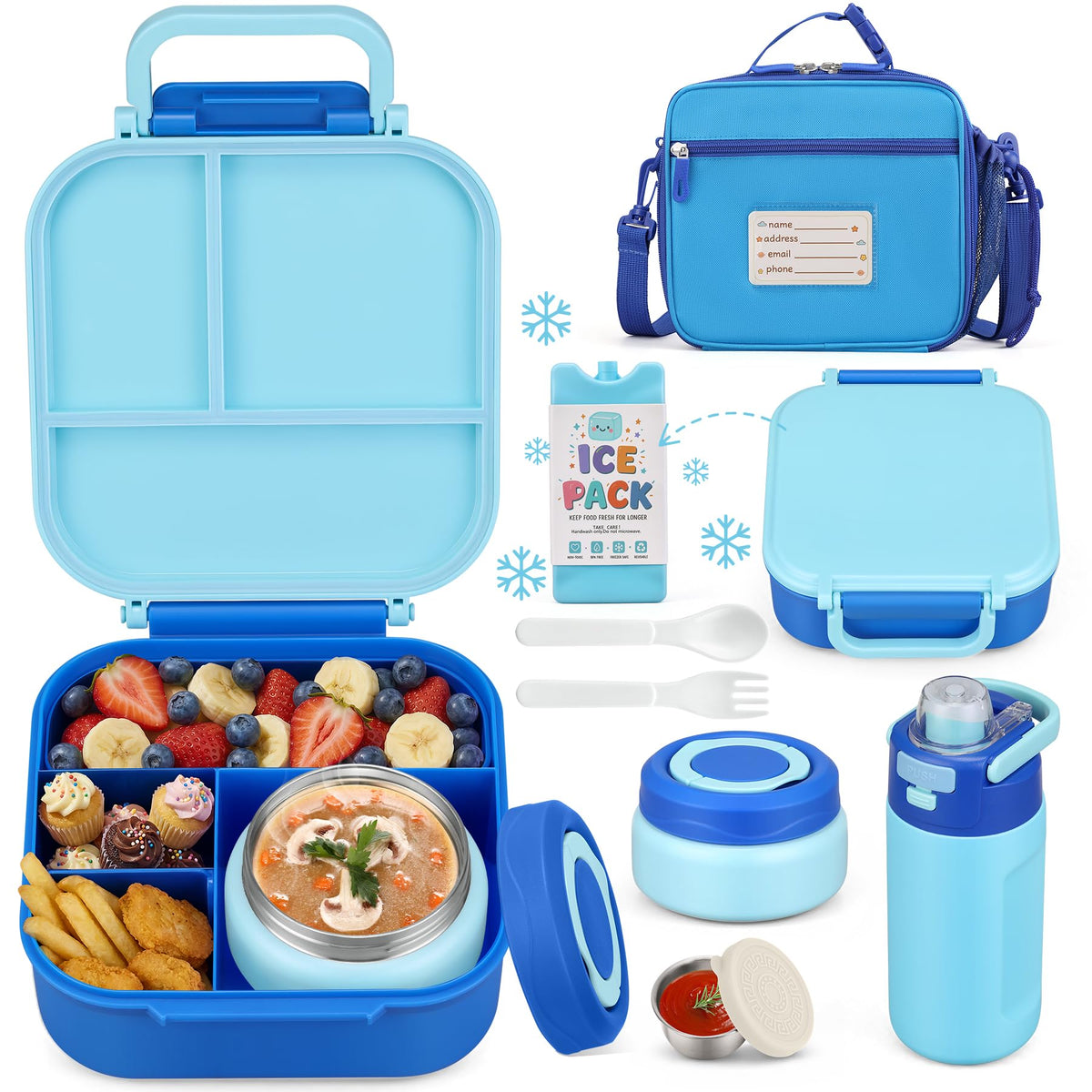 Bento Lunch Box for Kids with 7oz Soup Thermo,Insulated Stainless Steel Kids Water Bottle with Straw and Insulated Lunch Bag,Leak-Proof Lunch Food Container with Ice Pack for School(Black)
