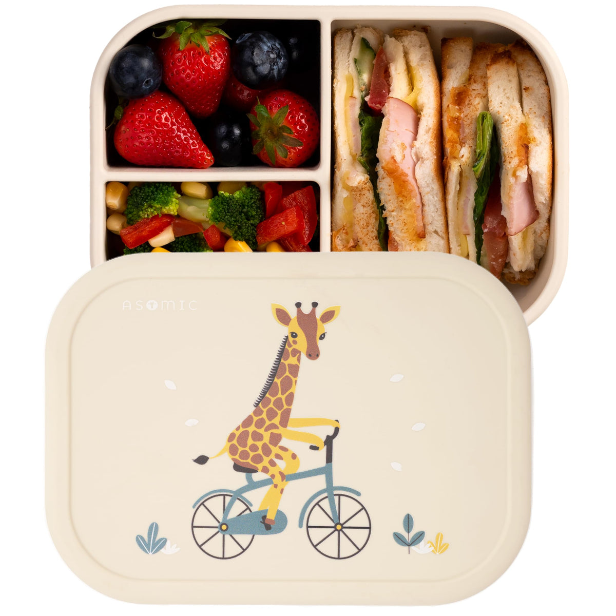 ASOMIC Silicone Bento Box for Toddlers & Kids, 3 Compartments, Crocodile