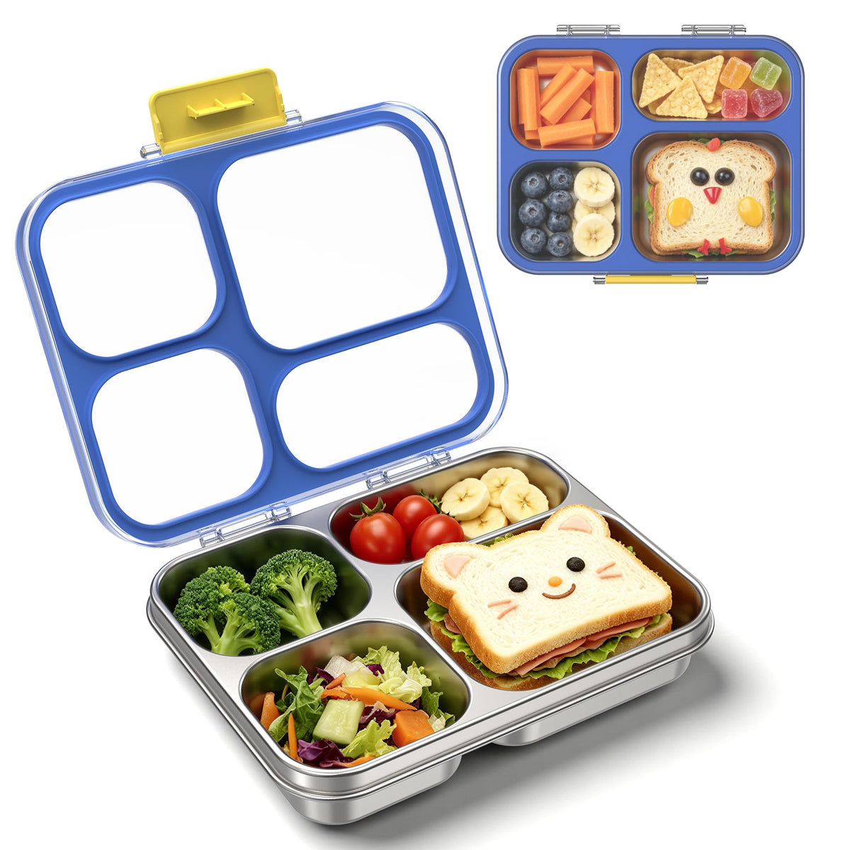 Stainless Steel Lunch Box for Kids, Leakproof 4 Compartment Kids Bento Lunch Box with Clear Lid, BPA-Free Steel Lunch Box Containers for School Travel (Pink)