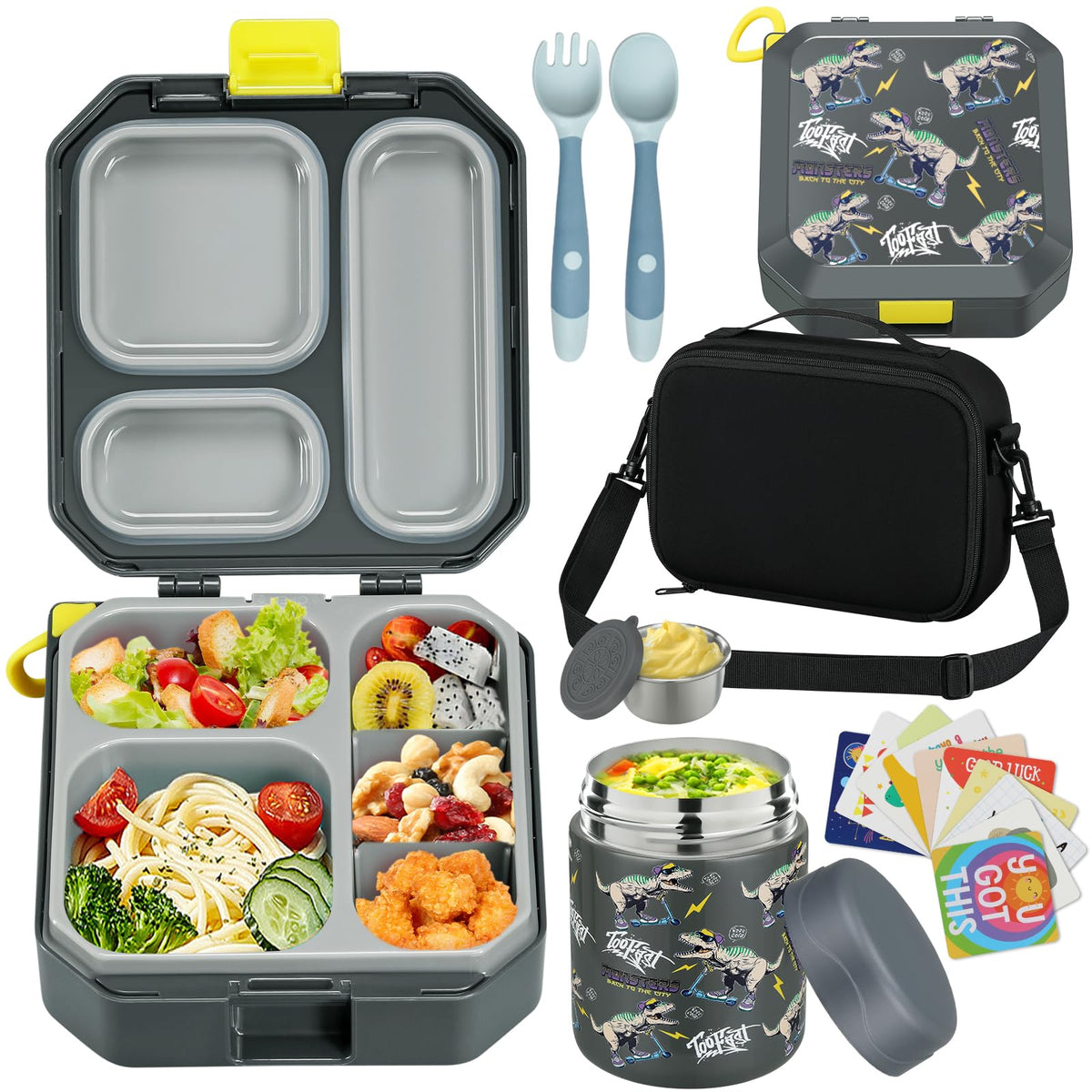 wiwens Bento Lunch Box for Kids with 12oz Soup Thermo Leak-Proof Lunch Food Container with 5 Compartment Thermo Hot Food Jar and Insulated Lunch Bag for Kid Toddler Girls Boys to School