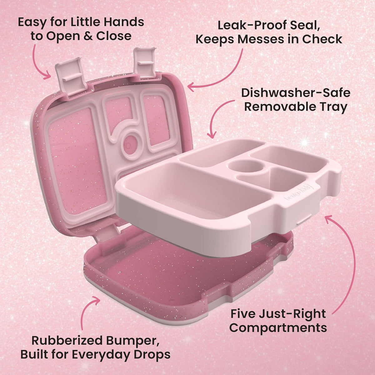 Bentgo Kids Bento-Style 5-Compartment Leak-Proof Lunch Box - Just-Right Portions Ages 3-7, Durable, Drop-Proof, Dishwasher Safe, PFAS & BPA-Free & Made with Food-Safe Materials (Petal Pink Glitter)