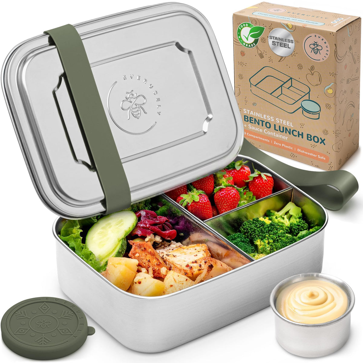 Stainless Steel Bento Box + Condiment Container - Sage, 60oz / 1.8 L