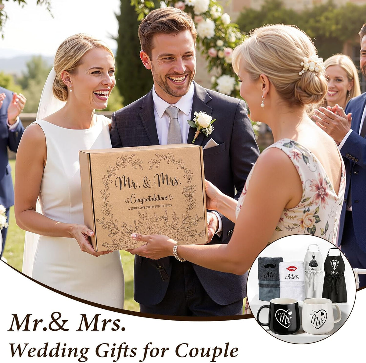 TUZELIYA Wedding Gifts for Couples, Bridal Shower Gift for Bride To Be, Engagement Gifts for Newlyweds, His and Hers Mr and Mrs Anniversary Set with Aprons, Coffee Mugs and 100% Cotton Towels