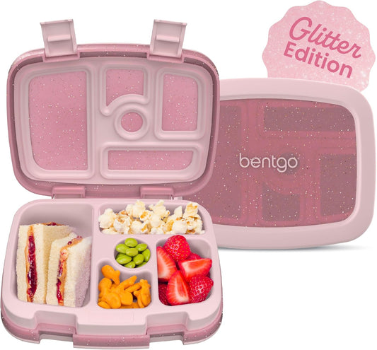 Bentgo Kids Bento-Style 5-Compartment Leak-Proof Lunch Box - Just-Right Portions Ages 3-7, Durable, Drop-Proof, Dishwasher Safe, PFAS & BPA-Free & Made with Food-Safe Materials (Petal Pink Glitter)