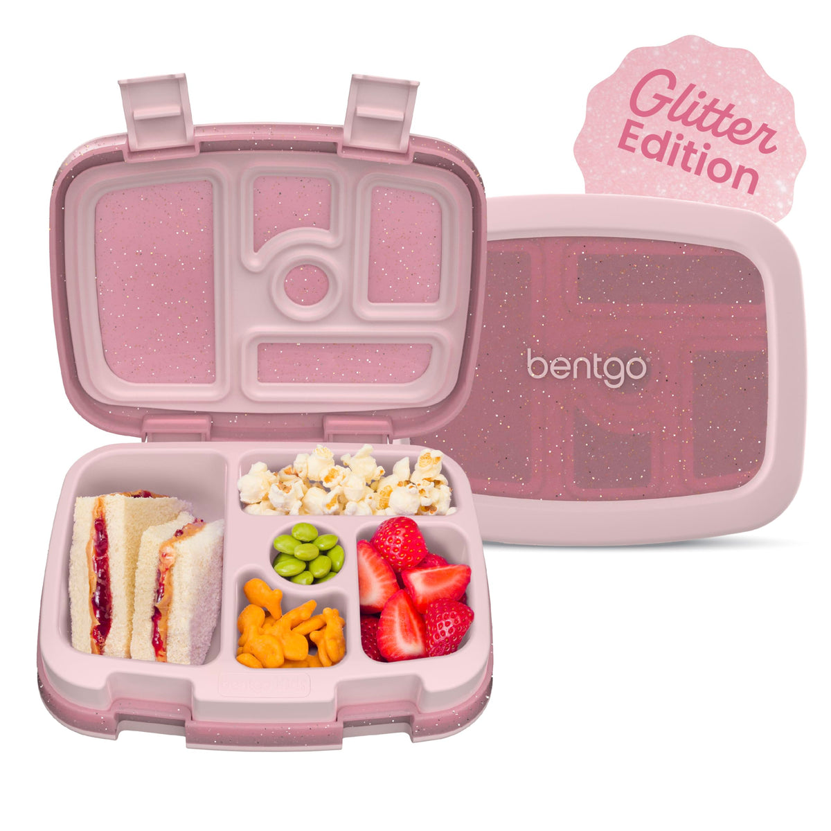 Bentgo Kids Bento-Style 5-Compartment Leak-Proof Lunch Box - Just-Right Portions Ages 3-7, Durable, Drop-Proof, Dishwasher Safe, PFAS & BPA-Free & Made with Food-Safe Materials (Petal Pink Glitter)