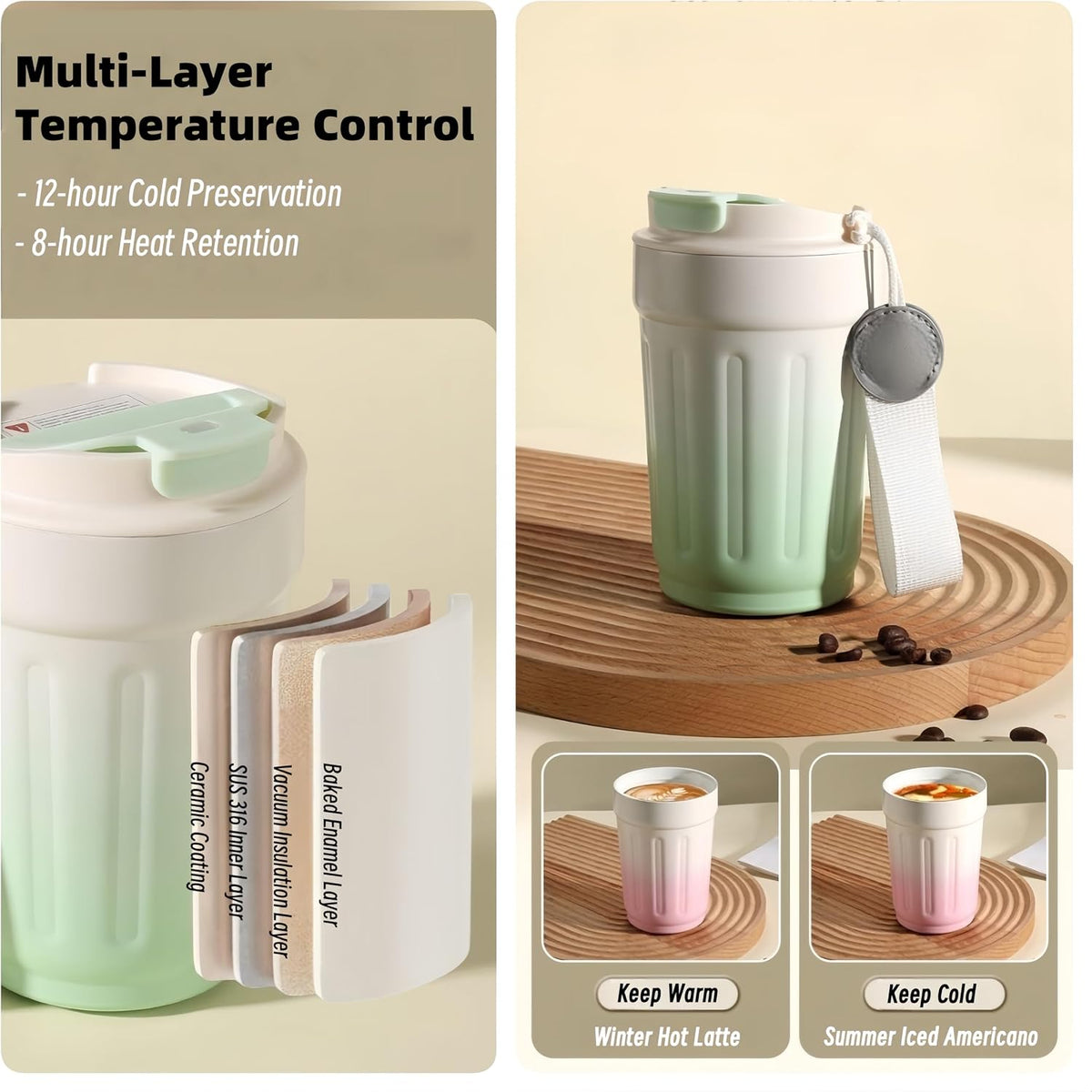 14oz Portable Vacuum Insulated Coffee Mug, Ceramic Lined Travel Cup