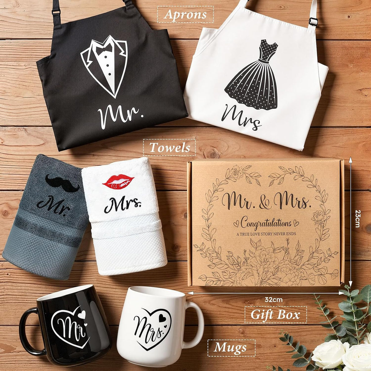 TUZELIYA Wedding Gifts for Couples, Bridal Shower Gift for Bride To Be, Engagement Gifts for Newlyweds, His and Hers Mr and Mrs Anniversary Set with Aprons, Coffee Mugs and 100% Cotton Towels