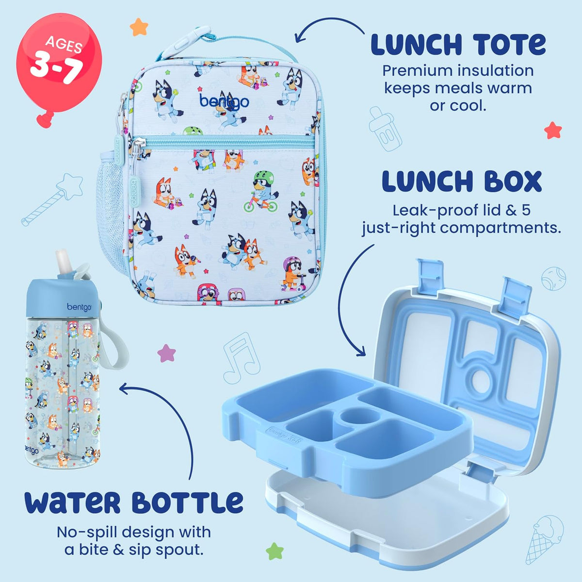 Bentgo + BLUEY 3-Piece Kids Lunch Set, Leak-Proof Bento Box