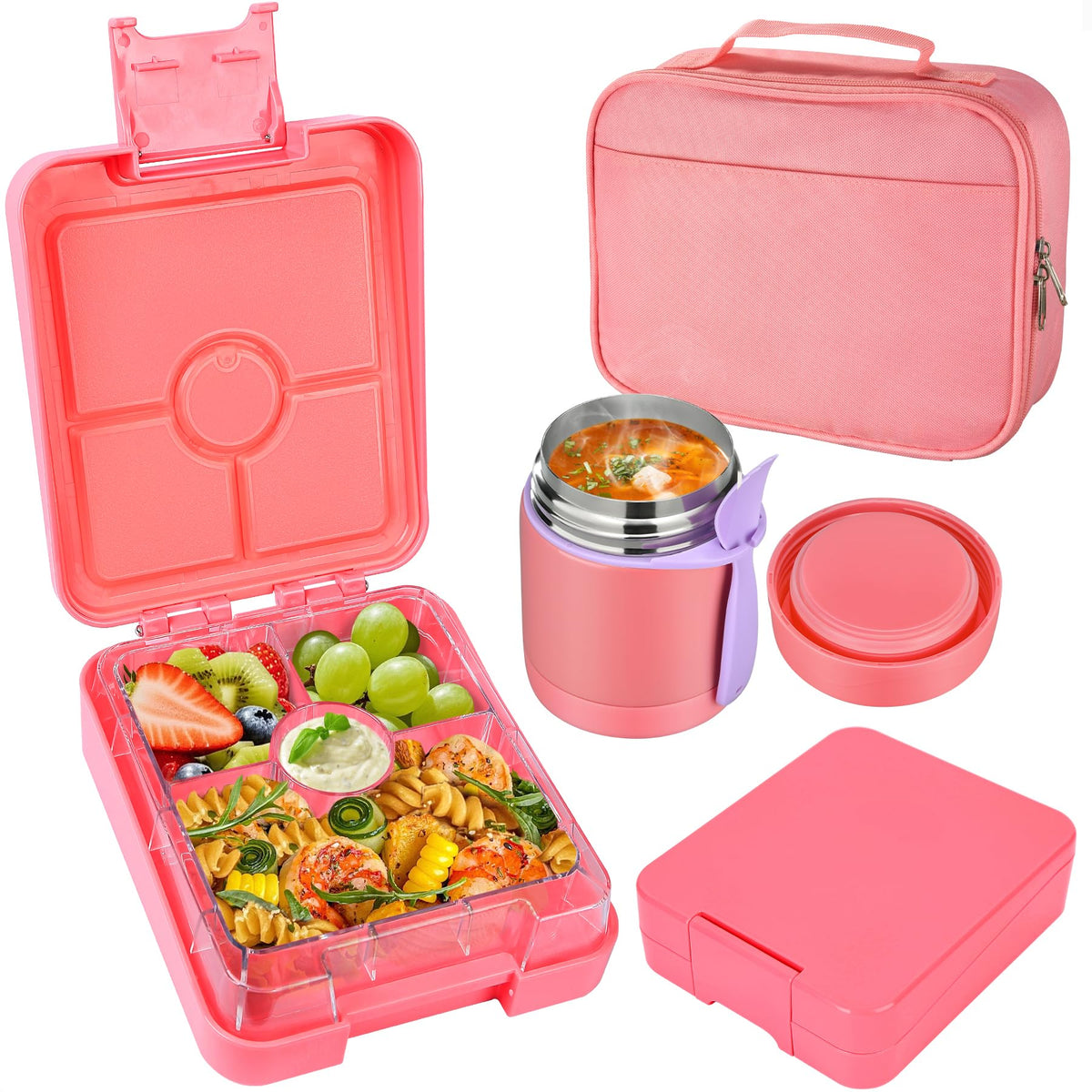 Pawtong Bento Lunch Box Set With 10oz Soup Thermo, Leak-proof Lunch Containers with 4 Compartment, Kids Hot Thermo Food Jar/Insulation Lunch Bag, Food Containers for School (Black)