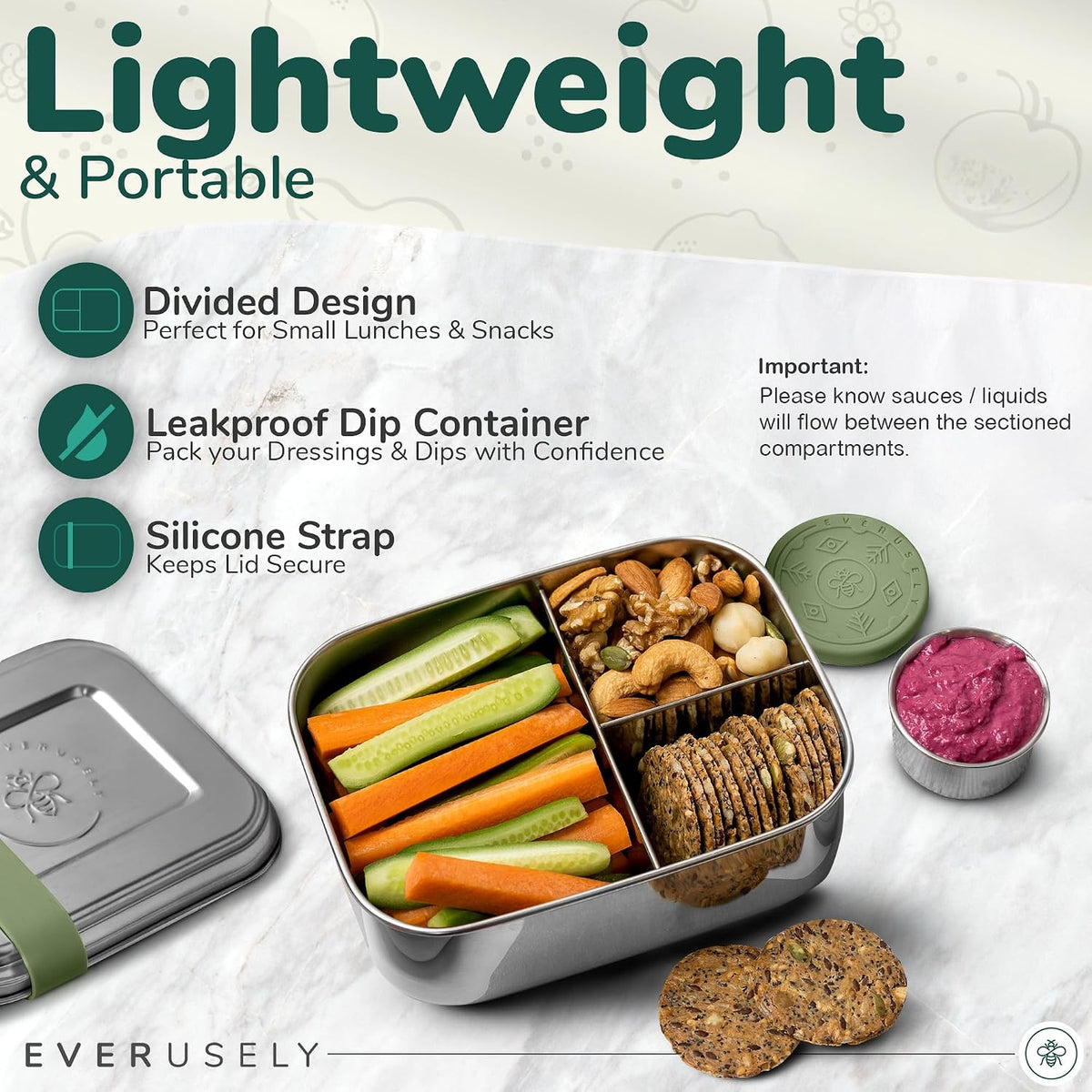 Stainless Steel Bento Box + Condiment Container - Sage, 60oz / 1.8 L