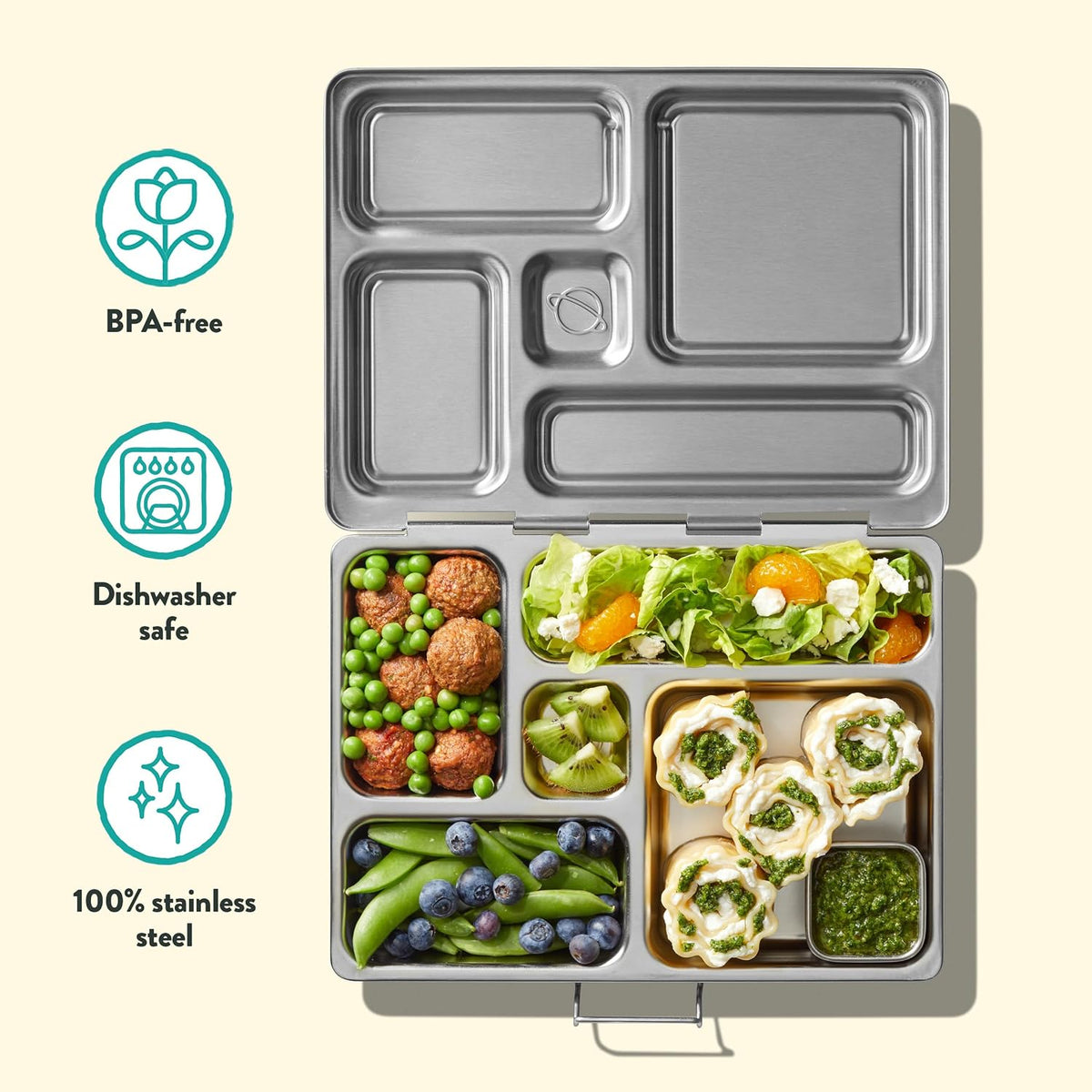 PlanetBox Rover Stainless Steel Bento Box Style Lunch Box for Kids with 5 Compartments – Durable, Dishwasher Safe and BPA-Free Food Container