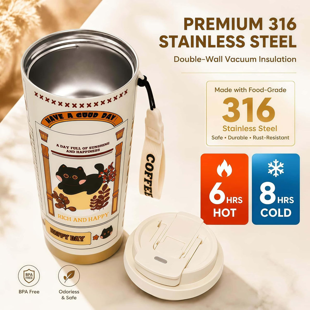 16oz Cat Coffee Travel Mug with Lid and Straw