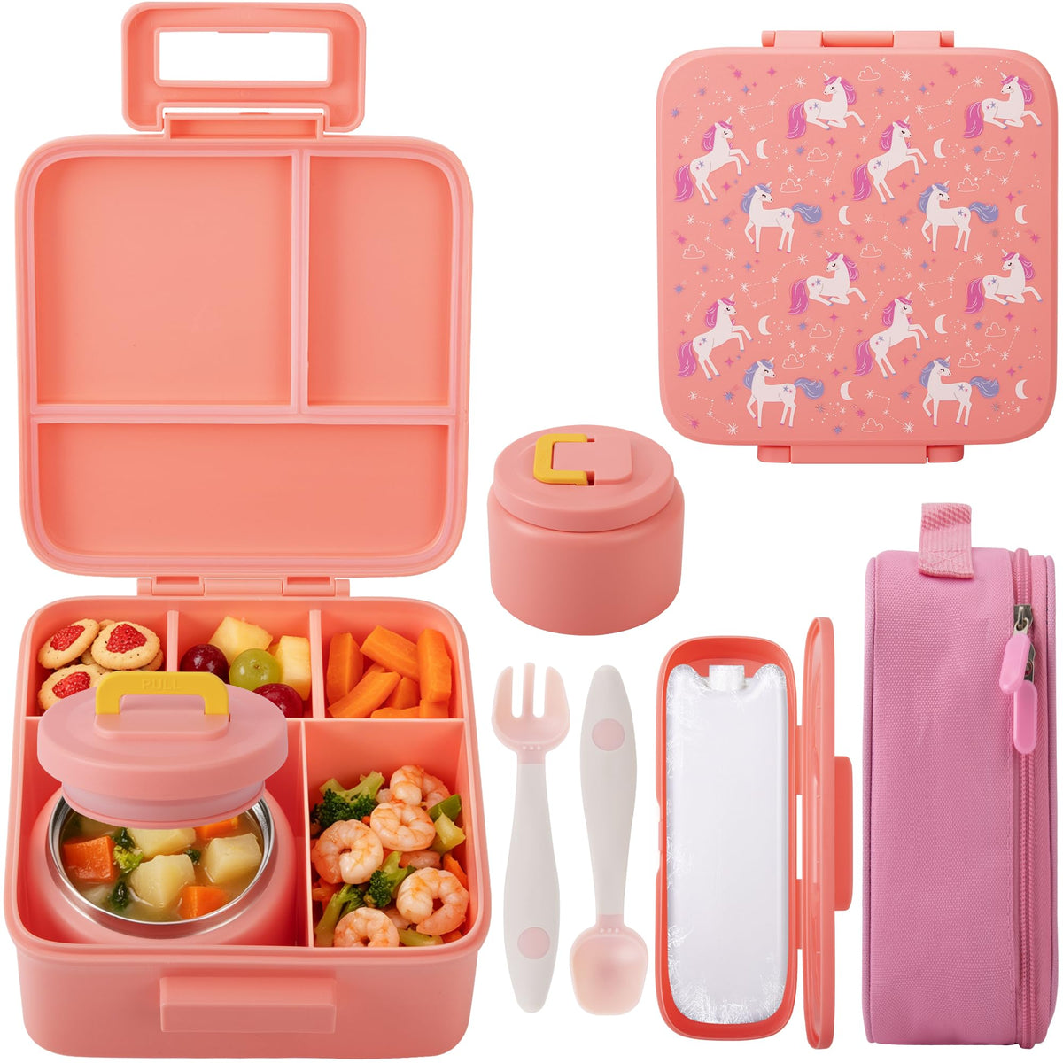 MAISON HUIS Bento Lunch Box with 8oz Soup Thermo, 5-Compartment Leak-Proof Container, Thermo Hot Food Jar and Insulated Lunch Bag, BPA Free,Travel, School