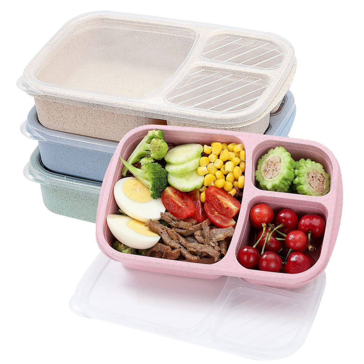 buluker 4 Pack Bento Lunch Box Set 3 Compartment Food Storage Containers Wheat Straw Meal Prep Lunch Box Plastic Food Storage Containers, Microwave and Dishwasher Safe (Vivid Colors)