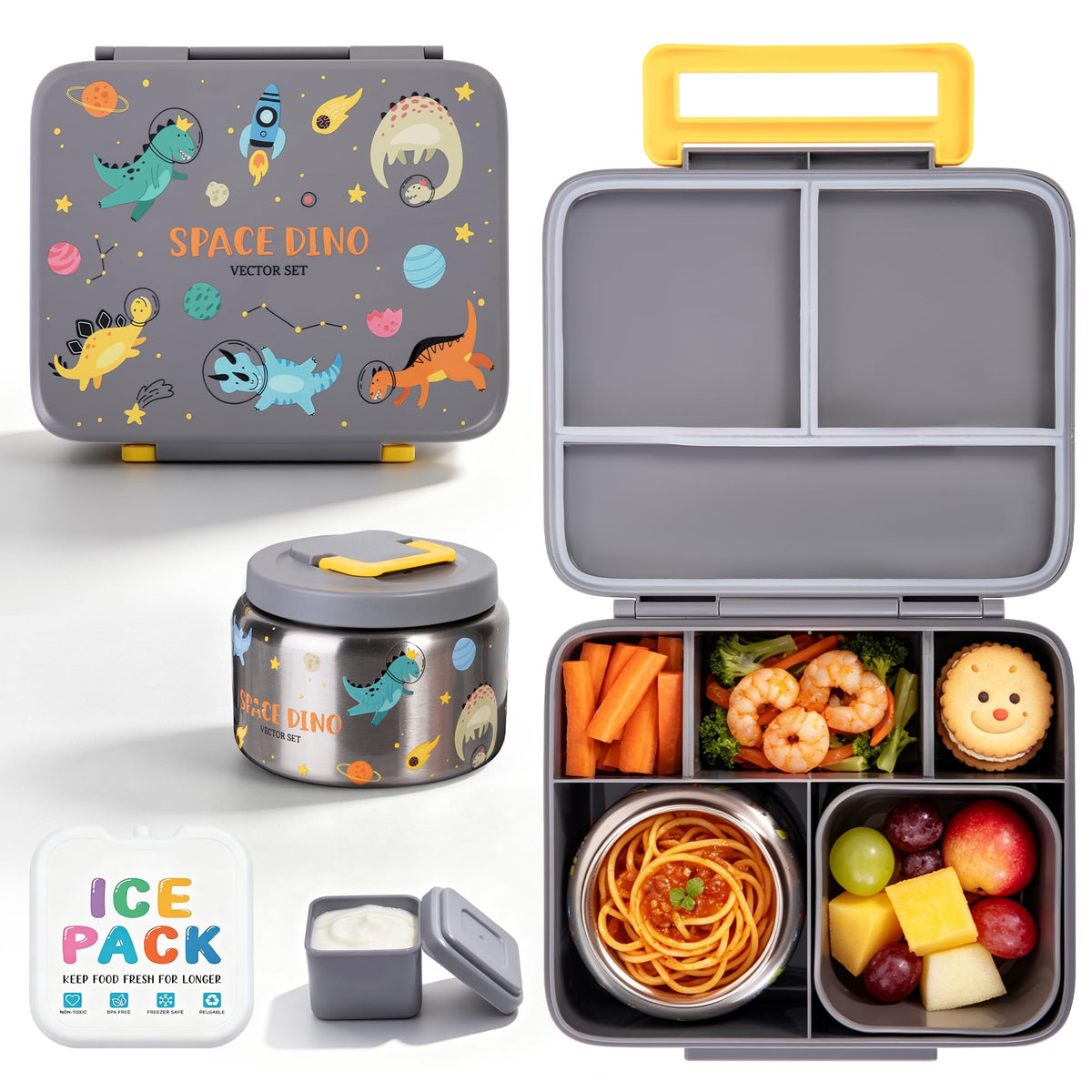 Kids Bento Lunch Box with 8oz Thermo, Ice Pack & Dividers for School