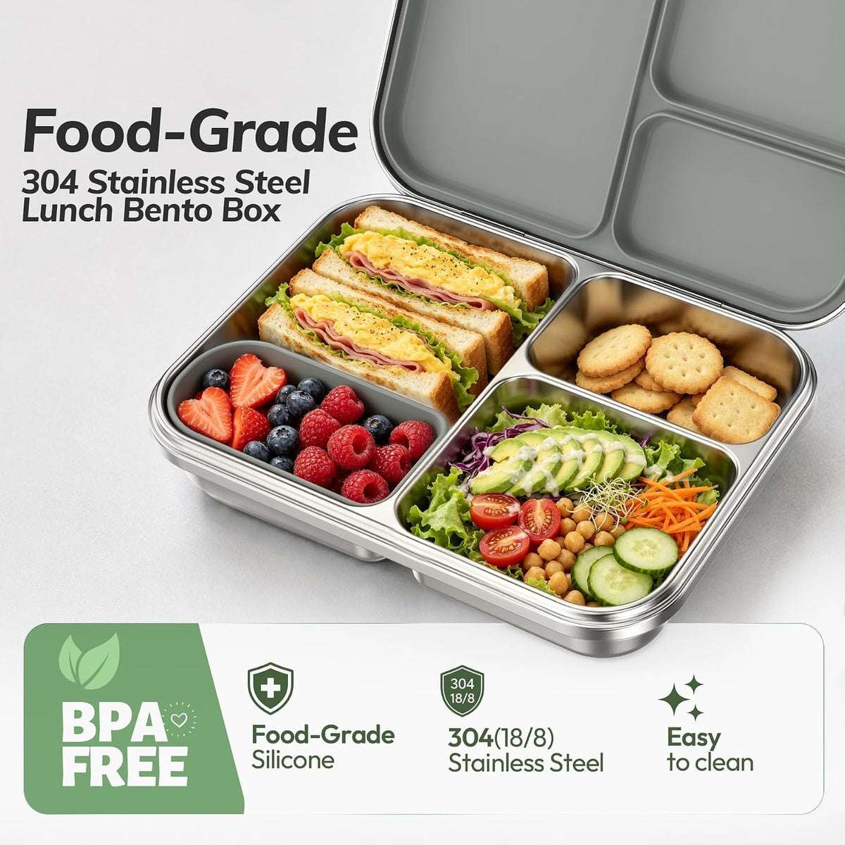 Stainless Steel Bento Lunch Box for Kids and Adults,3 Compartment Meal Lunch Box with Detachable Silicone Lid,Leak-Resistant Food Container with Snack Cup for School,BPA-Free(Grey)