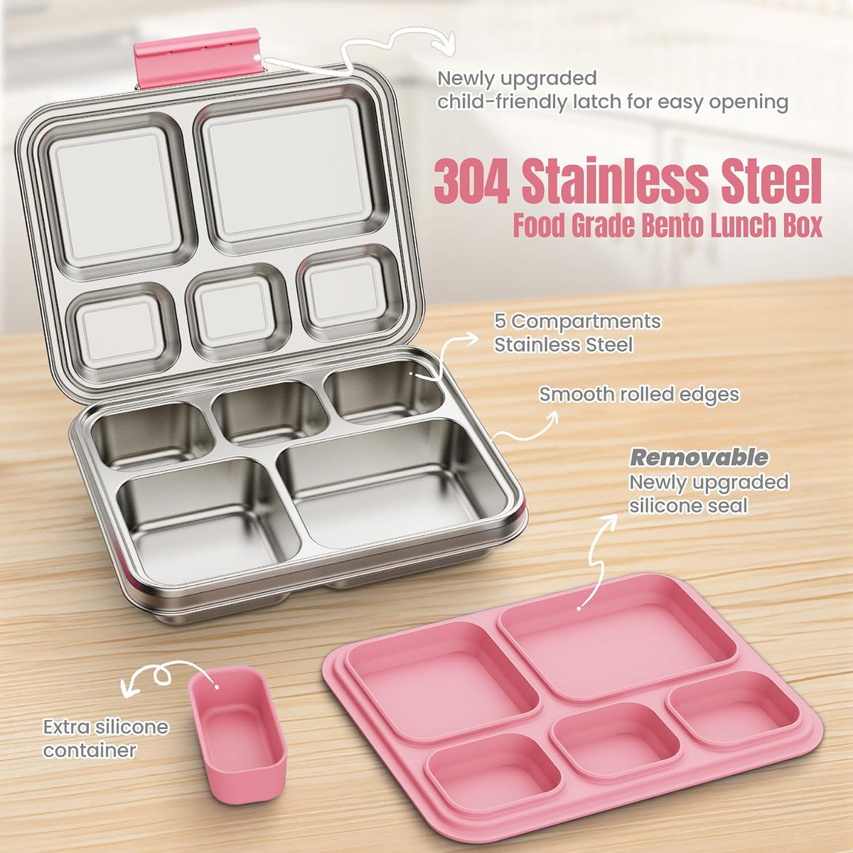 Stainless Steel Bento Lunch Box for Kids & Adults, 5 Compartment Metal Portable Bento Box with Silicone Food Container and Removable Silicone Seal,BPA-Free,School,Office(Pink)