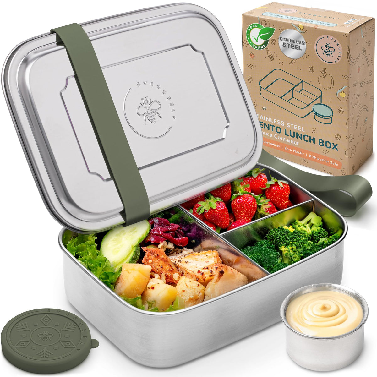 Stainless Steel Bento Box + Condiment Container - Sage, 60oz / 1.8 L