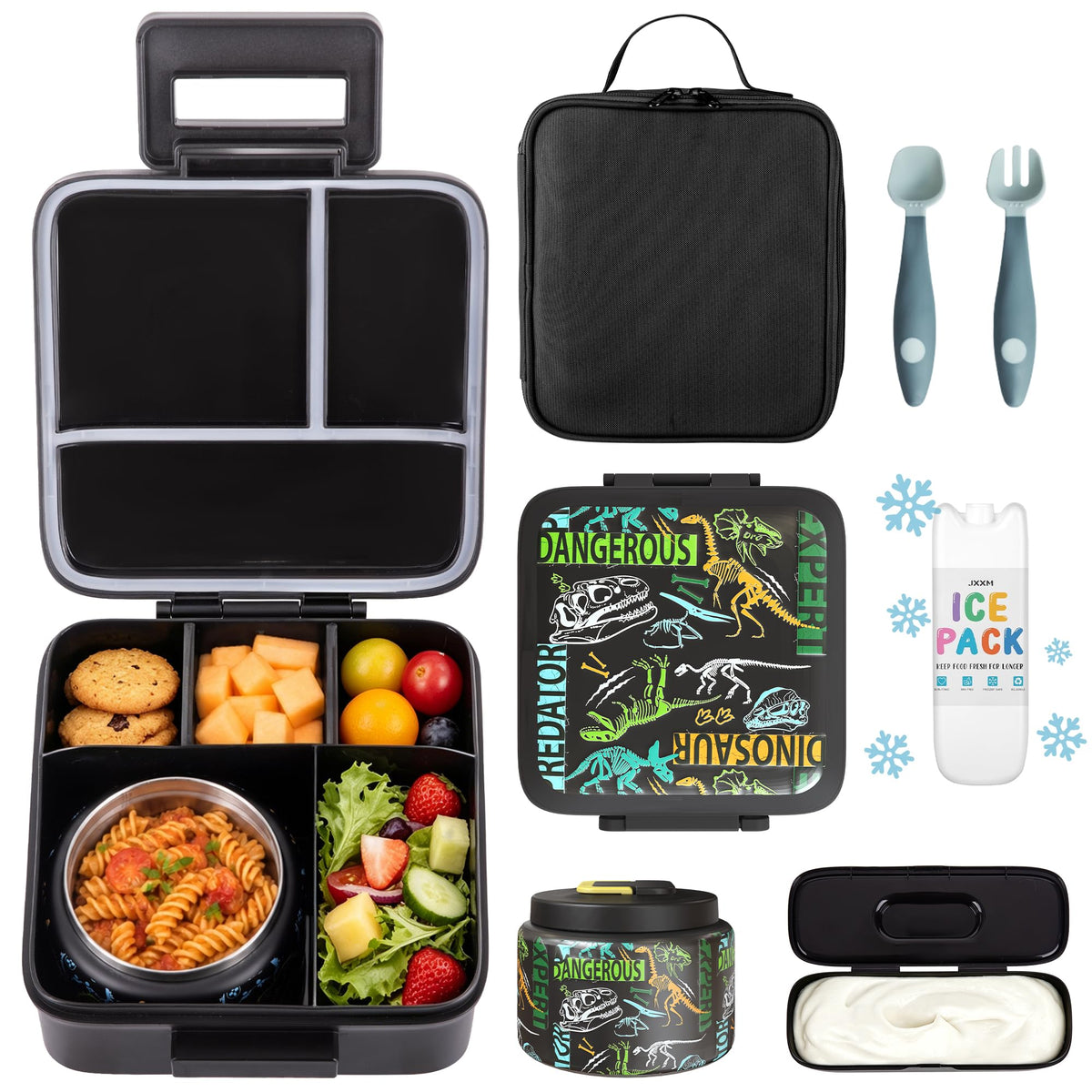 JXXM Bento Lunch Box for Kids With 8oz Soup thermo,Leak-proof Lunch Containers with 5 Compartment,thermo Food Jar and Lunch Bag, Food Containers for School (A-Black(Game Consoley))