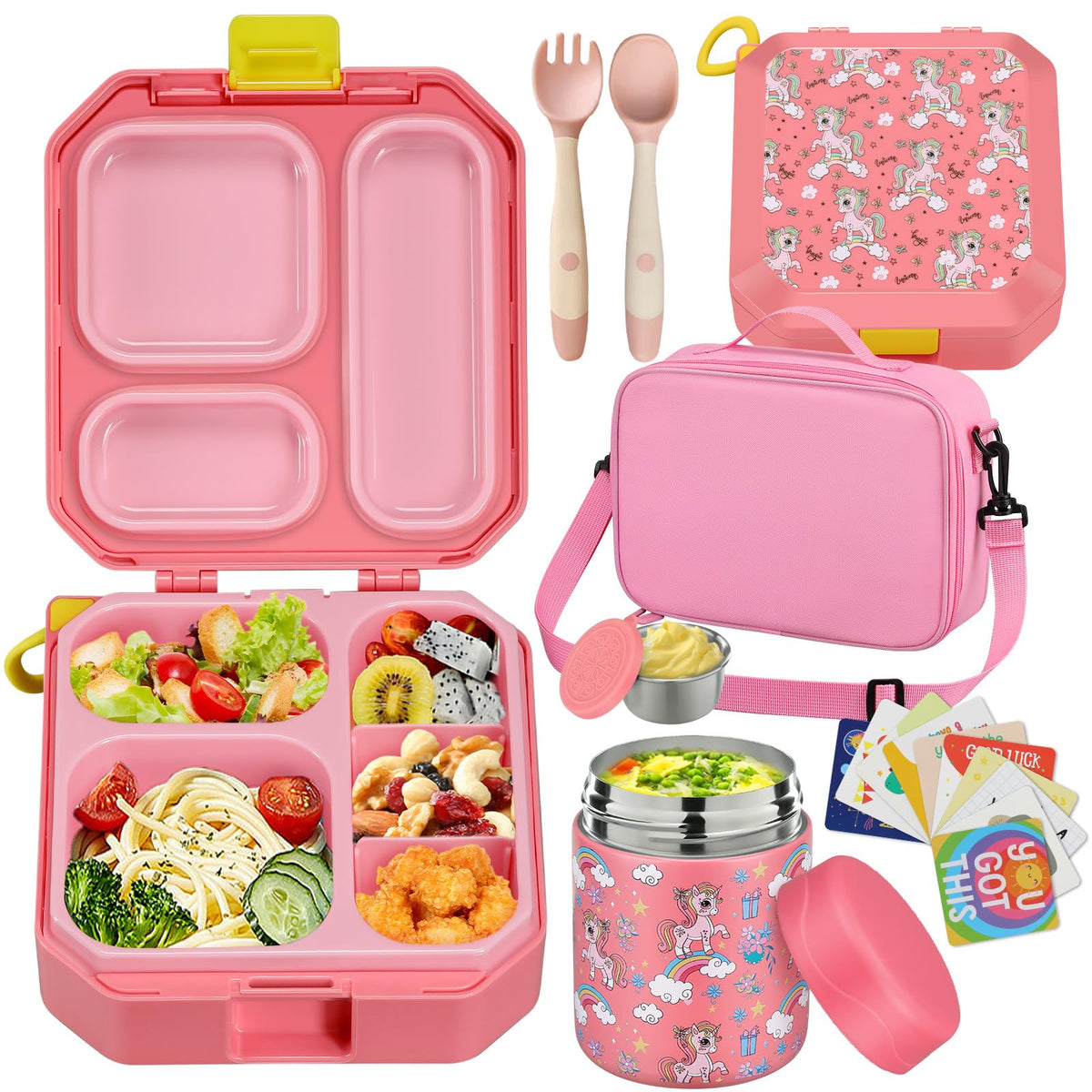 wiwens Bento Lunch Box for Kids with 12oz Soup Thermo Leak-Proof Lunch Food Container with 5 Compartment Thermo Hot Food Jar and Insulated Lunch Bag for Kid Toddler Girls Boys to School