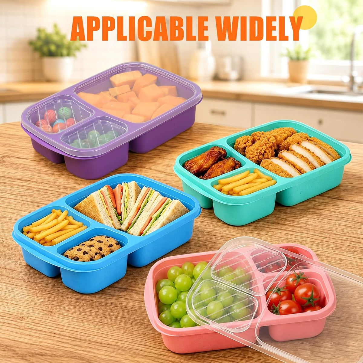 buluker 4 Pack Bento Lunch Box Set 3 Compartment Food Storage Containers Wheat Straw Meal Prep Lunch Box Plastic Food Storage Containers, Microwave and Dishwasher Safe (Vivid Colors)