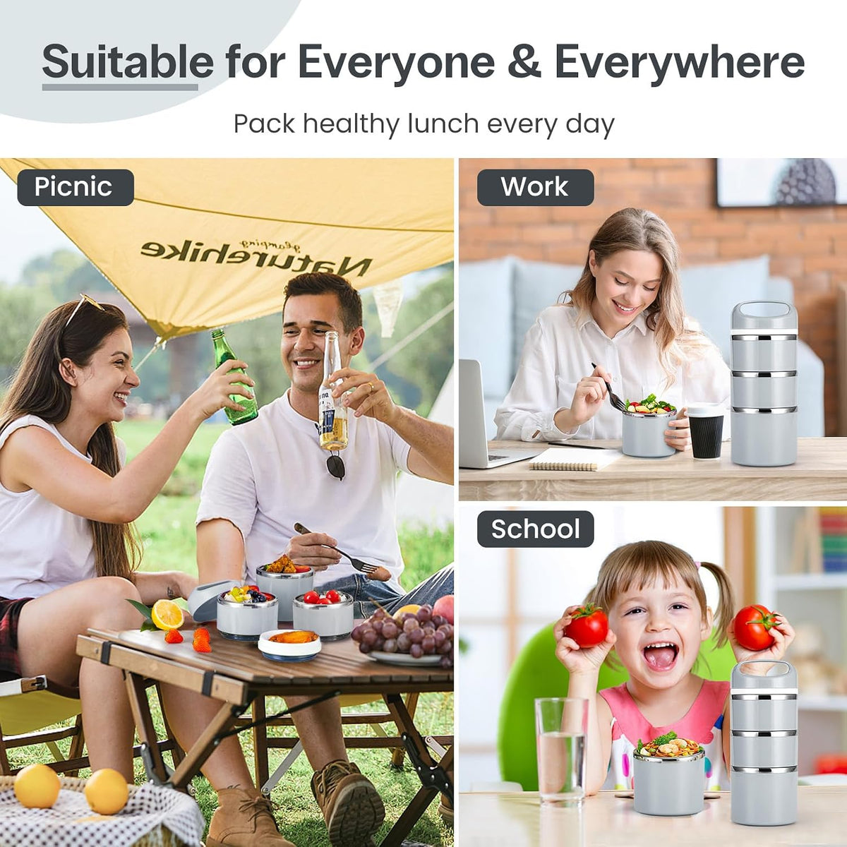Lille Home Stackable Stainless Steel Thermal Lunch Box, 43OZ/1.38L