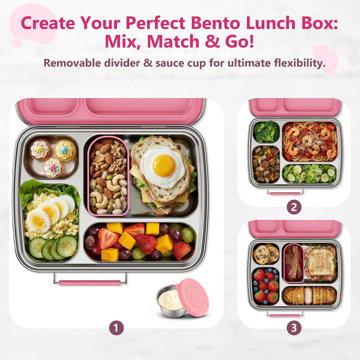 Stainless Steel Bento Lunch Box for Kids & Adults, 4 Compartment Kids Lunch Box, Metal Bento Box with Silicone Container and Stainless Steel Sauce Container,BPA-Free,School,Office(Pink)