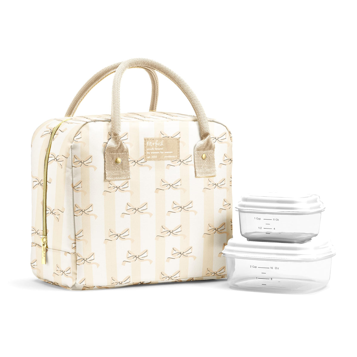 Fit & Fresh Bloomington Lunch Bag for Women - Insulated Large Lunch Box for Work with Containers, Leak-Resistant, Stain-Resistant, Zipper Closure, Feline Fine Ivory