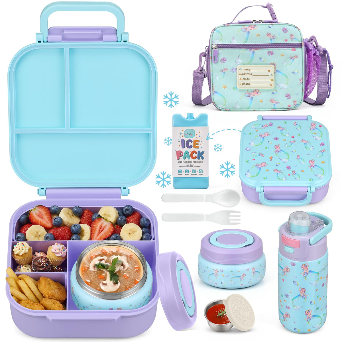 Bento Lunch Box for Kids with 7oz Soup Thermo,Insulated Stainless Steel Kids Water Bottle with Straw and Insulated Lunch Bag,Leak-Proof Lunch Food Container with Ice Pack for School(Black)