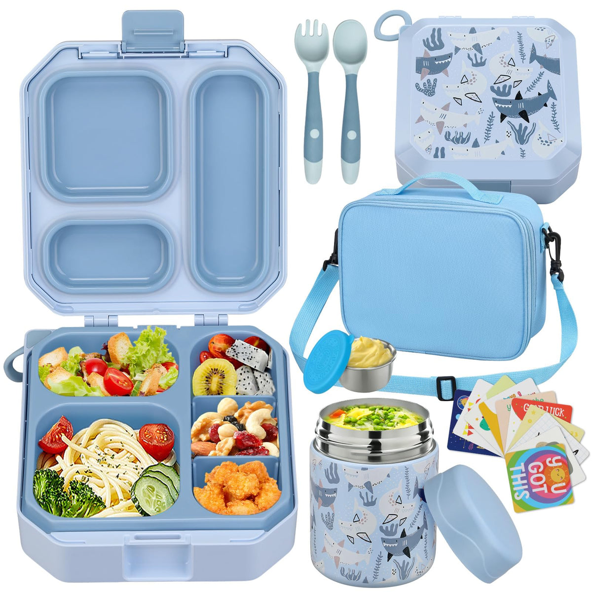 wiwens Bento Lunch Box for Kids with 12oz Soup Thermo Leak-Proof Lunch Food Container with 5 Compartment Thermo Hot Food Jar and Insulated Lunch Bag for Kid Toddler Girls Boys to School