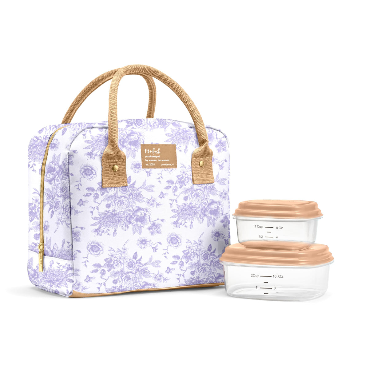 Fit & Fresh Bloomington Lunch Bag for Women - Insulated Large Lunch Box for Work with Containers, Leak-Resistant, Stain-Resistant, Zipper Closure, Feline Fine Ivory