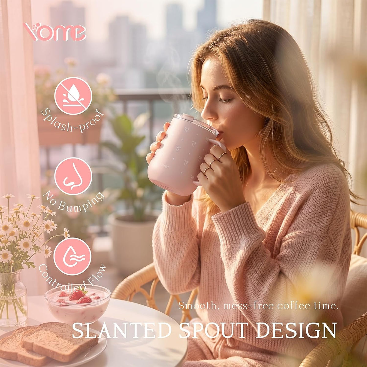 YOME 10oz Bow Light Pink Insulated Coffee Mug with Handle for Women | Ceramic Lined Coffee Mug with Splash-Resistant Lid| Pure Taste Stainless Steel Coffee Cup | Easy to Clean | Keeps Drinks Cold