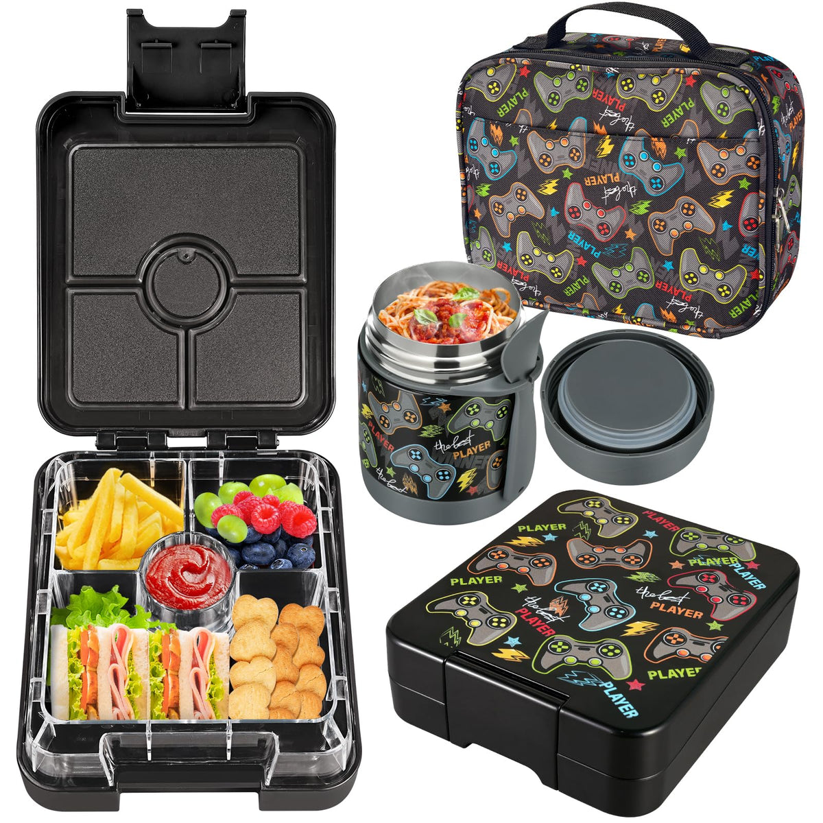 Bento Lunch Box Set for Kids with 10oz Soup Thermo, Leak-Proof Lunch Containers with 4 Compartment, Kids Thermo Hot Food Jar and Insulated Lunch Bag for Kid to School,BPA-Free(Black)