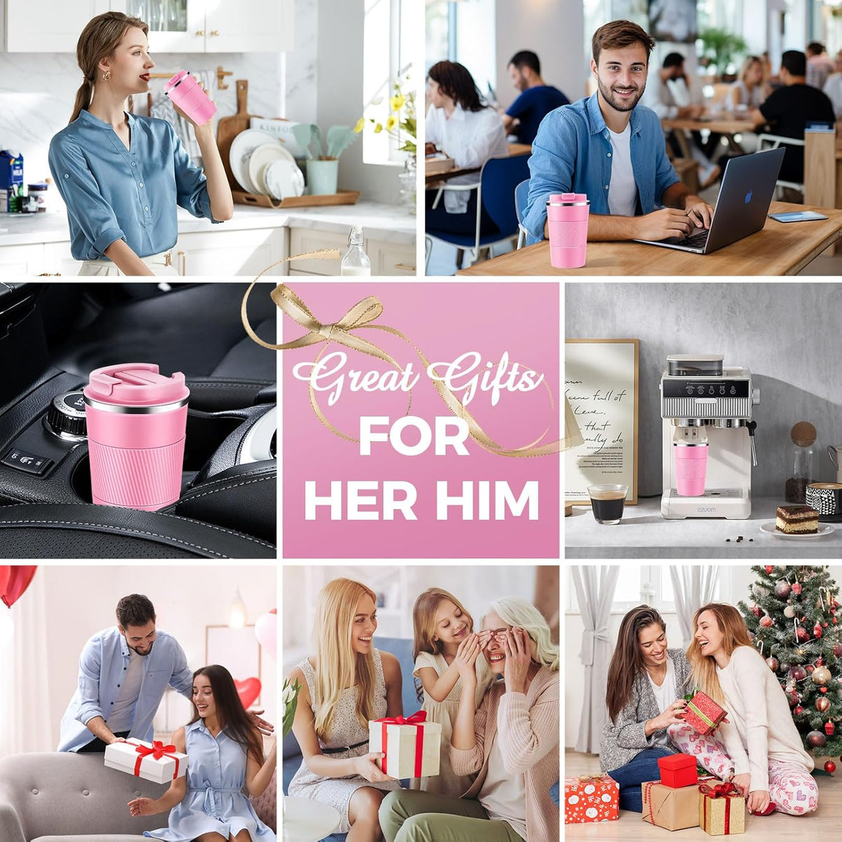 Volhoply 13 oz Stainless Steel Insulated Travel Coffee Cup with Fip Lid,Reusable Double Wall Vacuum Metal Coffee Mug,Portable to Go Leak Proof Cafe Mugs for Hot & Cold Drinks(Pink,1)