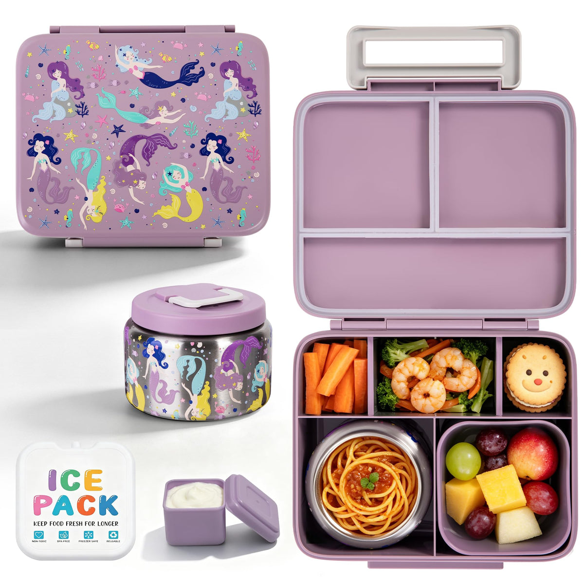 Kids Bento Lunch Box with 8oz Thermo, Ice Pack & Dividers for School