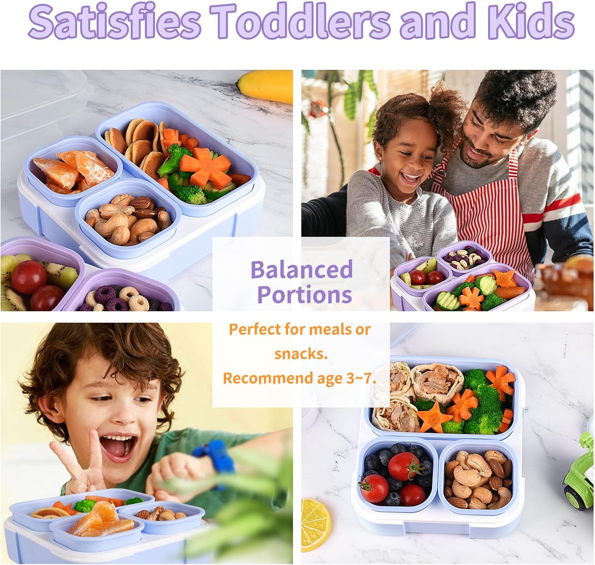Genteen Bento Box for Kids, Kids Lunch Box with 3 Removable Compartments, Toddler Lunch Box for Daycare, School, Ideal Portion Size for Ages 3 to 7 BPA-Free Dishwasher Safe-Green - Purple