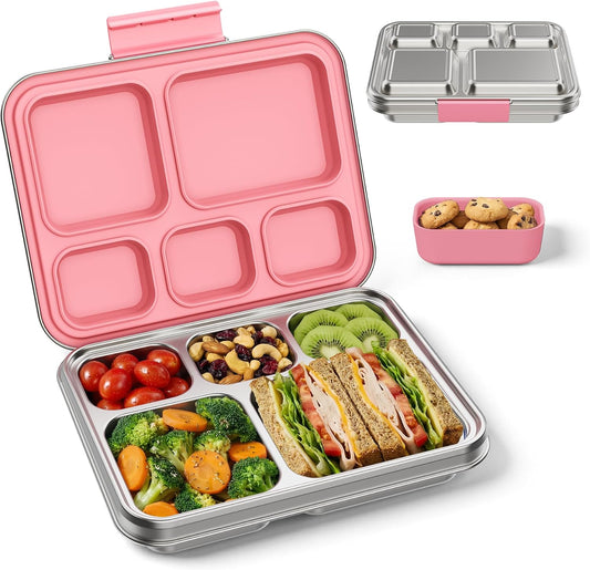 Stainless Steel Bento Lunch Box for Kids & Adults, 5 Compartment Metal Portable Bento Box with Silicone Food Container and Removable Silicone Seal,BPA-Free,School,Office(Pink)