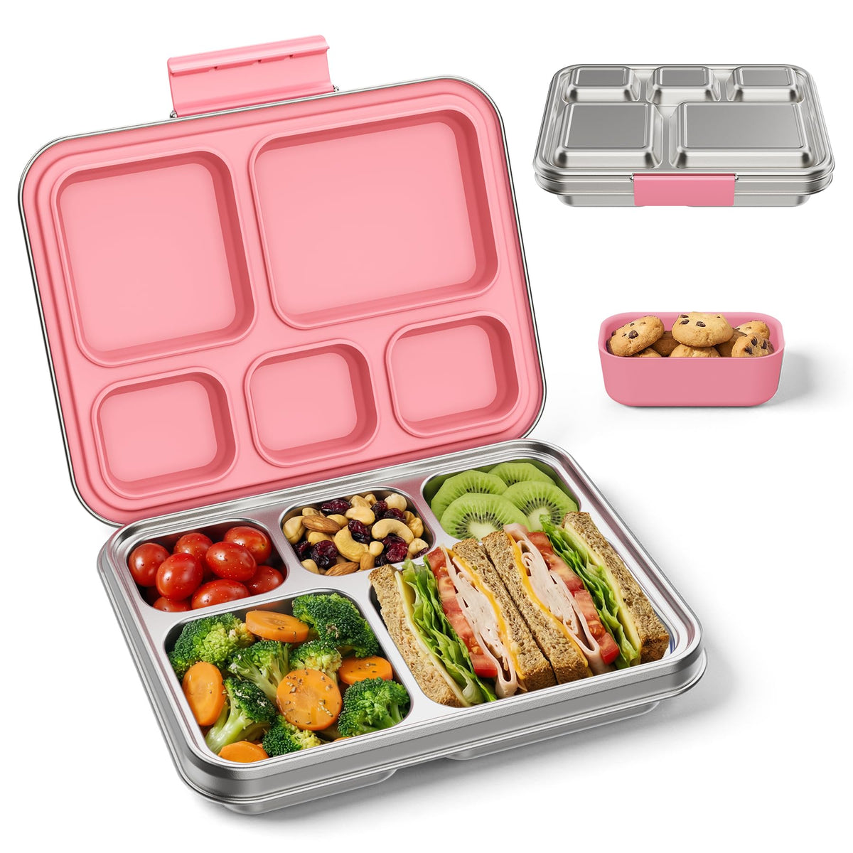 Stainless Steel Bento Lunch Box for Kids & Adults, 5 Compartment Metal Portable Bento Box with Silicone Food Container and Removable Silicone Seal,BPA-Free,School,Office(Pink)