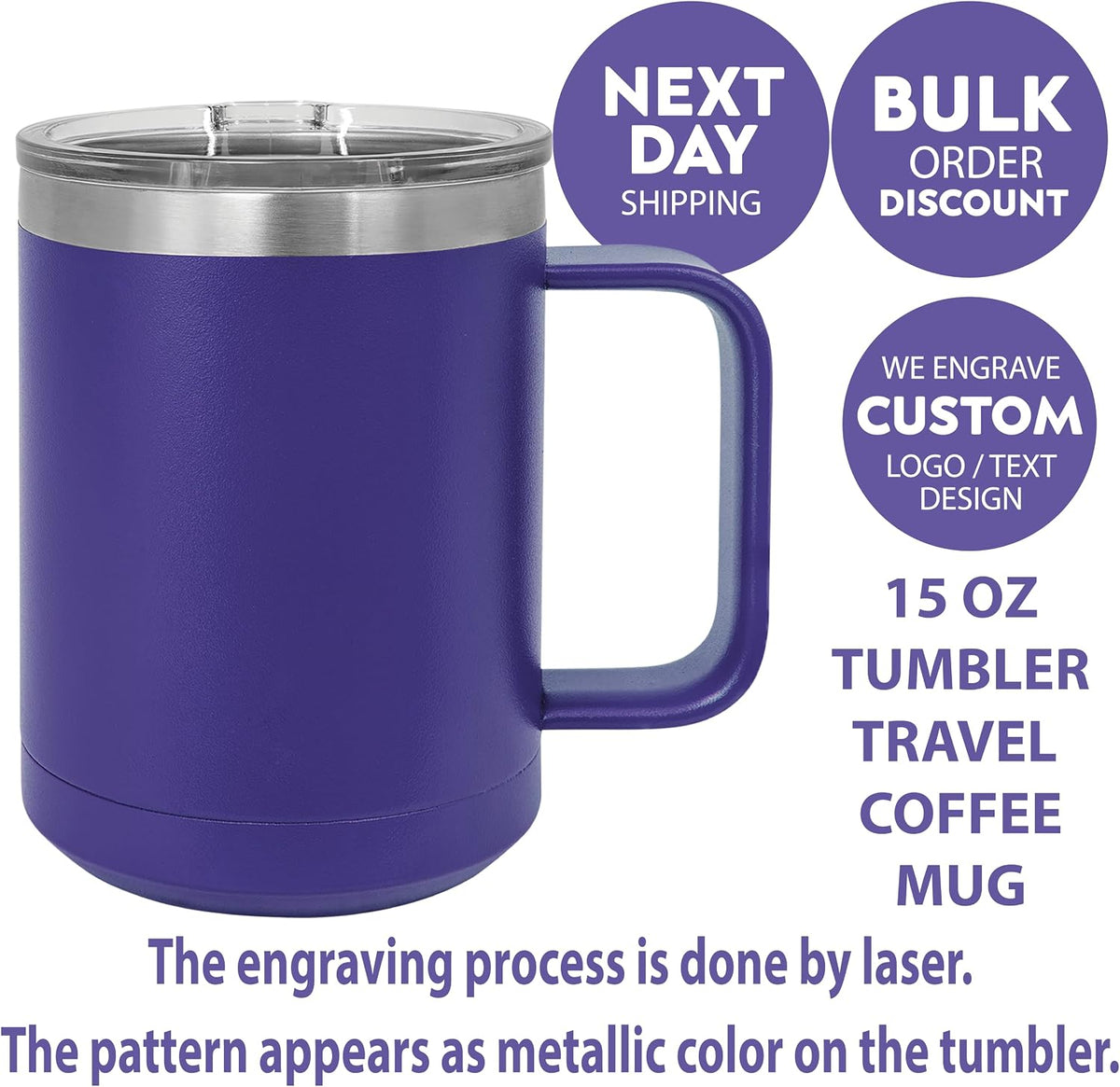 Personalized 15 oz Insulated Coffee Mug with Lid – Custom Name Stainless Steel Travel Cup – Double Wall Vacuum Sealed with Handle, Custom Coffee Travel Mug, Gift for Her Him