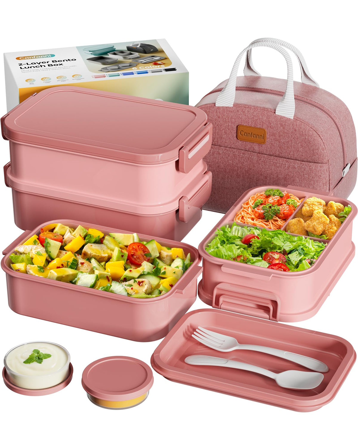 Adults Bento Box with Insulated Lunch Bag, 74oz Capacity 3 Stackable Leak-Proof Bento Box Built-In Utensil and Sauce, PFAS & BPA-Free, Microwave & Dishwasher Safe (Astral Black)